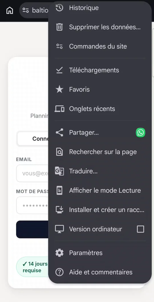 Menu de Chrome ouvert, avec l'option « Installer et créer un raccourci » en bas.