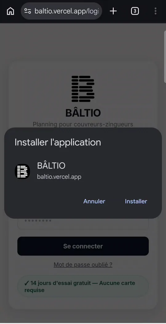 Fenêtre « Installer l'application » de Bâltio, avec les boutons Annuler et Installer.